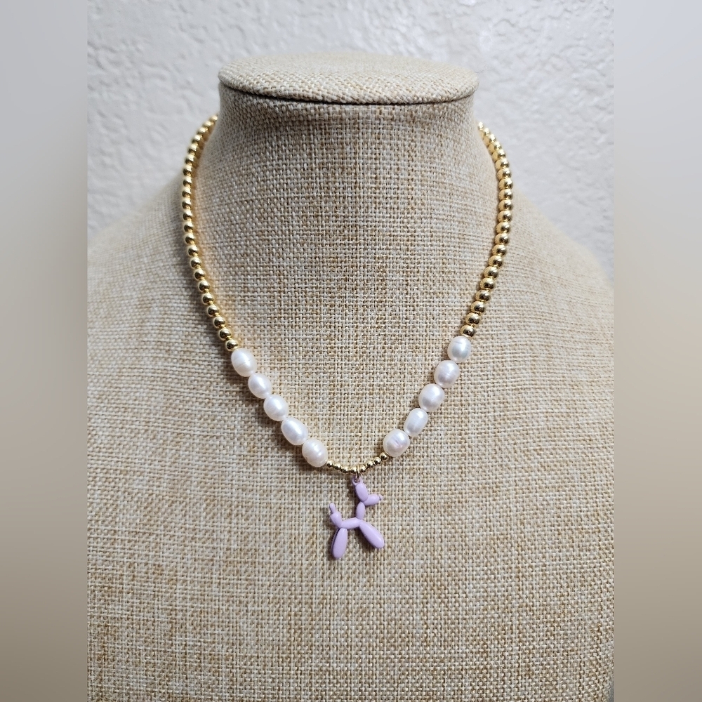 Gold Plated and Pearl Necklace with Purple Charm